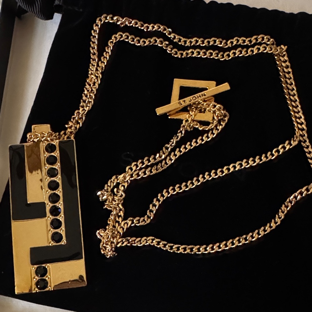 St. John Black and Gold Geometric Pendant Necklace